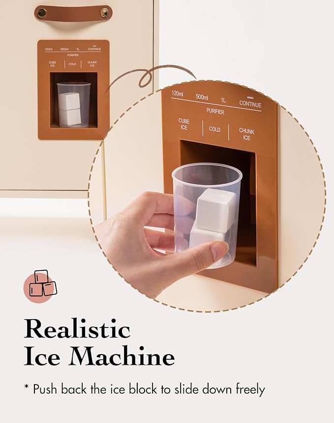 ROBOTIME Play Kitchen with Pretend Ice Cube Dispenser for Kids, Wooden Kids Kitchen Playset, Toy Kitchen Set for Toddler Age 3 4 5 6 (Mocha)