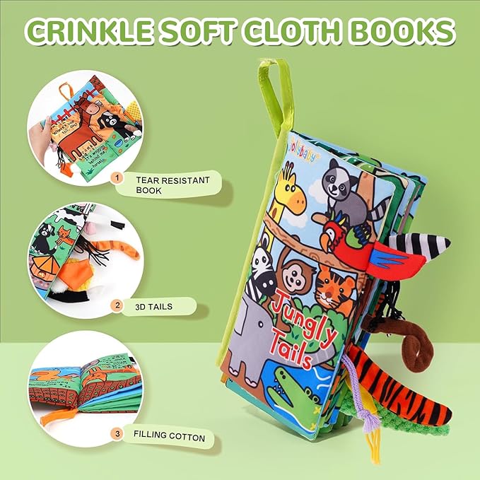HECCEI Baby Cloth Books Soft Baby Book 0-6 Months Crinkle Books with Tail Touch and Feel Sensory Toys for Infant Tummy Time for 3 Months+, Jungle Tails