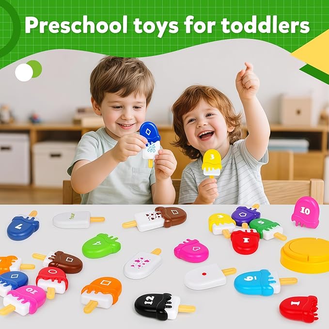 TSYAN Ice Cream Toy Set - Number & Shape Sorting Stacking Bucket for Toddlers - Educational Counting Color Recognition - Fine Motor Toys Math Learning Toys for Kids Ages 3+Year Old