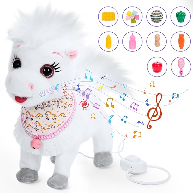 White Walking Singing Pony Set Talking Musical Dancing Pony with Leash, Electric Plush Pretend Play Horse Toy for Girl Kid, Nod Lick Wag Repeat What You Say, Farm Animal Horse Pony Boy