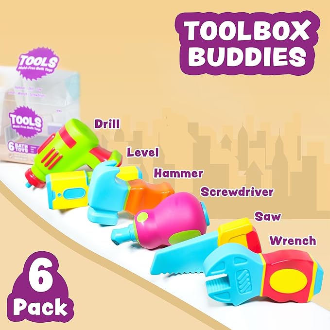 Tub Works® Tools™ Mold Free Bath Toys, 6 Pack | Sealed, No Hole Bath Toys Design Keeps Moisture Out | Soft, Squeezable & Float on Water | Easy-Grip Baby & Toddler Bathtub Toys | Great for Baby Pools