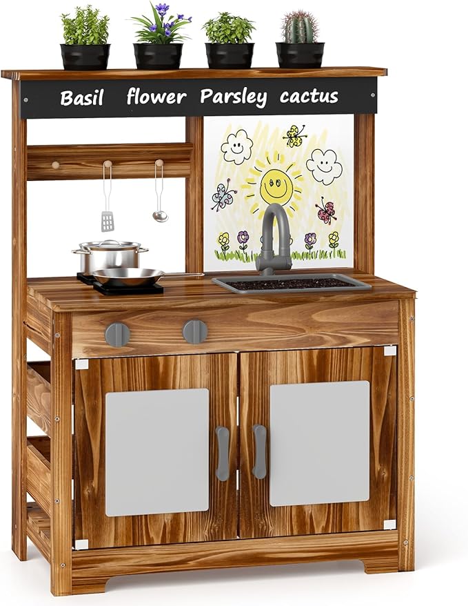 HONEY JOY Mud Kitchen, Cedar Wood Outdoor Play Kitchen for Toddlers, Acrylic Board, Removable Sink, 4 Planting Cups, Kitchen Accessories, Garden Time Mud Kitchen for Kids Outdoor Backyard