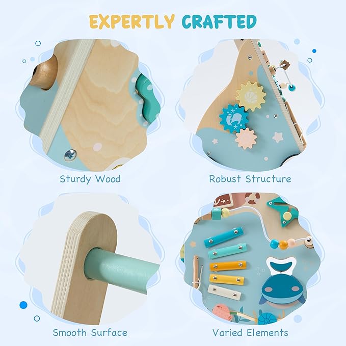 ROBUD Wooden Baby Walker, Montessori Walker Toy, Baby Push Walker with Brake, Activity Center, Adjustable Height Handle, Push Toys for Boys and Girls Learning to Stand and Walk, Ages 10m+