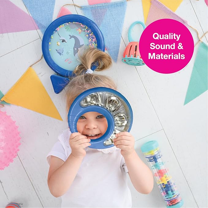 Edushape Classic Tambourine for Kids, Blue - Percussion Musical Instrument Baby Tambourine for Toddlers 1-3, Kids Tambourine Fun Tummy Time, Fine Motor, Auditory and Visual Sensory Development