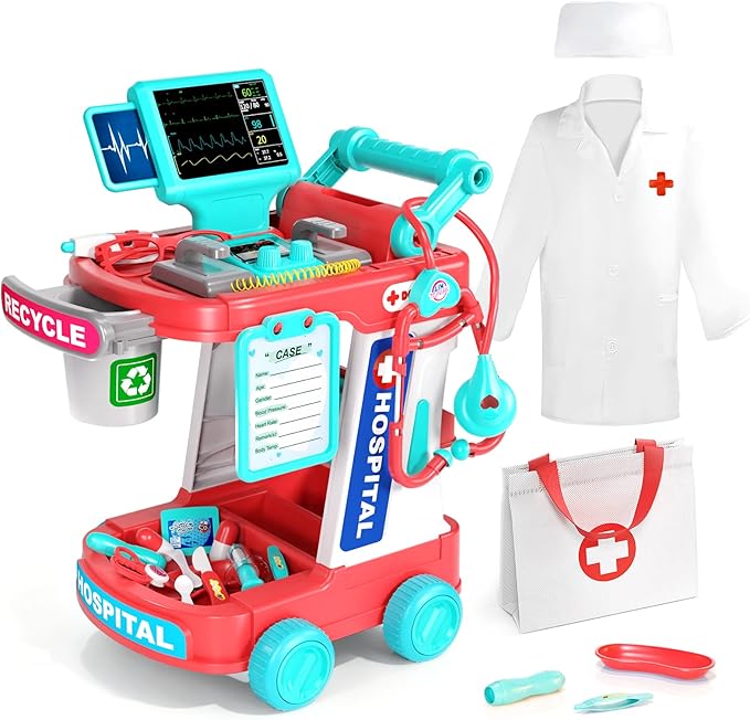 Doctor Kit for Kids, Pretend Doctor Playset for Toddlers with Cart, Costume and Stethoscope, Role Play Medical Toy for Girls Boys Toddlers 3-8 Birthday Gifts (Pink)