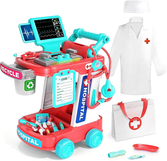 Doctor Kit for Kids, Pretend Doctor Playset for Toddlers with Cart, Costume and Stethoscope, Role Play Medical Toy for Girls Boys Toddlers 3-8 Birthday Gifts (Pink)