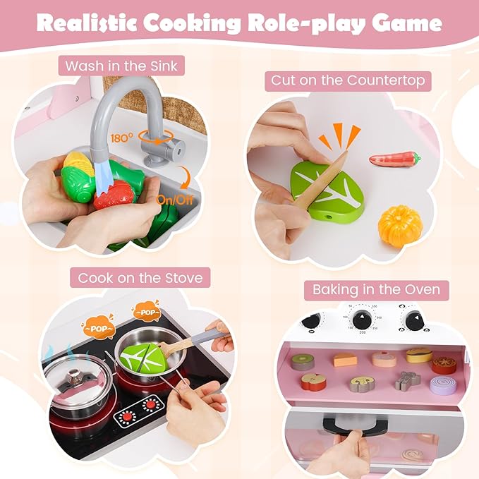 MAT EXPERT Kitchen Playset, Corner Kids Kitchen Playset with Ice Make, Washing Machine, Microwave, Sink, Range Hood, Toy Kitchen, Wooden Play Kitchen for Toddler, Gift for Boys Girls (Pink)