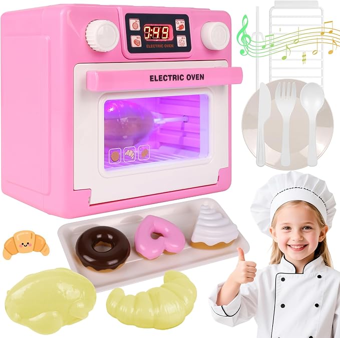 Play Kitchen for Toddlers Toy Oven, Pink Easy Bake Oven for Girls, Kids Kitchen Playset with Color-Changing Foods, Kids Microwave Toys Pretend Toddler Cooking Gifts for Girls Boys