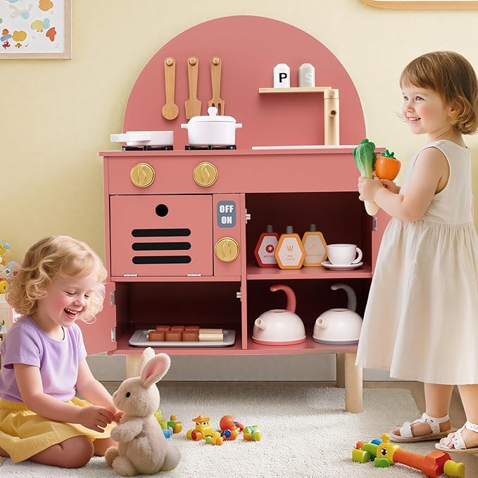 Costzon Kids Kitchen Playset, Little Chef Pretend Play Kitchen w/Stoves, Faucet, Sink, Microwave, Cabinet, Oven & Cooking Accessories, Wooden Play Kitchen for Kids 3+ Years Old (Pink)