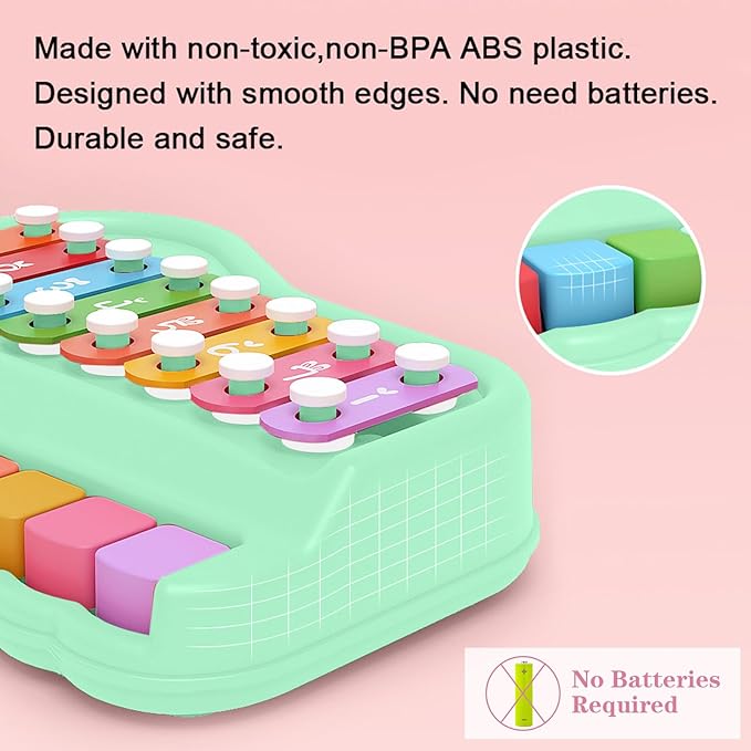 Baby Piano Xylophone for Toddlers 2-3, 2 in 1 Baby Piano Xylophone Musical Instrument with 8 Multicolored Key Scales Keyboard for Kids(Green)