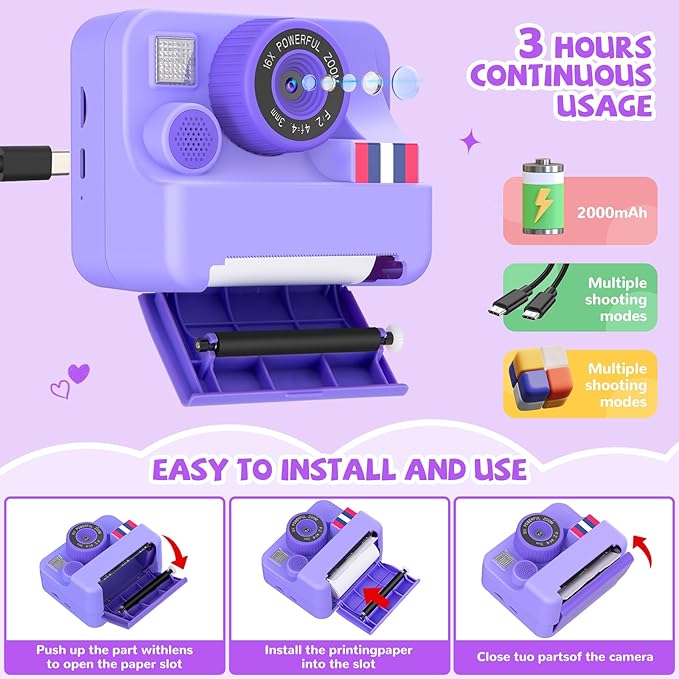 Instant Print Camera for Kids - Christmas Birthday Girls Gifts for Age 3 4 5 6 7 8 9 10 Year Old, 2.4 Inch Screen Kids Instant Camera, Toddler Camera Toys for Age 3-12 with 32 GB SD Card