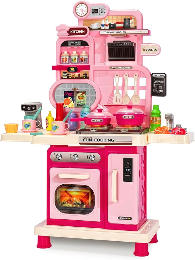 Kids Play Kitchen Set, Toddler Kitchen Playset with Light & Sound, Cooking Stove, Play Sink, Coffee Maker, Play Food Toy and Kitchen Accessories, Kitchen Toy for Kids Girls Boys - Pink