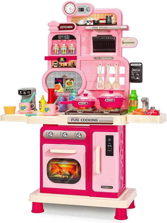 Kids Play Kitchen Set, Toddler Kitchen Playset with Light & Sound, Cooking Stove, Play Sink, Coffee Maker, Play Food Toy and Kitchen Accessories, Kitchen Toy for Kids Girls Boys - Pink