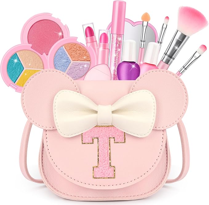 Kids Makeup Kit for Girls - 15 Pcs Real Washable Make Up Set - Non Toxic Toddlers Cosmetic with Letter Mouse Ear Purse - Dress up Birthday Gifts for 3 4 5 6 7 8 Years Old Girls - T