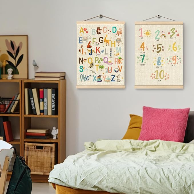 HKTZM Animal Wooden Alphabet Poster, Cute Sign Number Poster Hanger Frame 12.5x17 Inch, Educational Posters for Toddler, Learning Posters for Nursery Playroom Decor, Set of 2