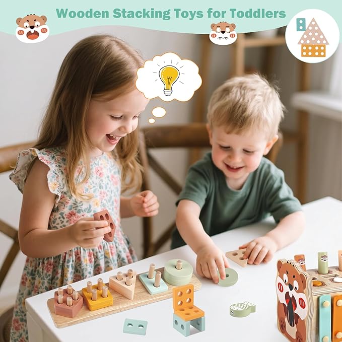Wooden Montessori Toys for Toddlers 1-3, Baby Pounding Hammering Toy with Xylophone & Fishing Game, Car Ramp Racer, Stacking Blocks & Shape Sorter, 3 in 1 Learning Multi-Activity Set for 1 + Year Old