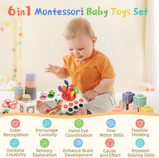 Christmas Stocking Stuffers 6 in 1 Montessori Toys for Babies 6-12 Months, Infant Sensory Pull String Toy, Fidget Spinners Soft Baby Blocks & Stacking Cups for Toddlers 1-3, Baby Gifts for 1 Year Old
