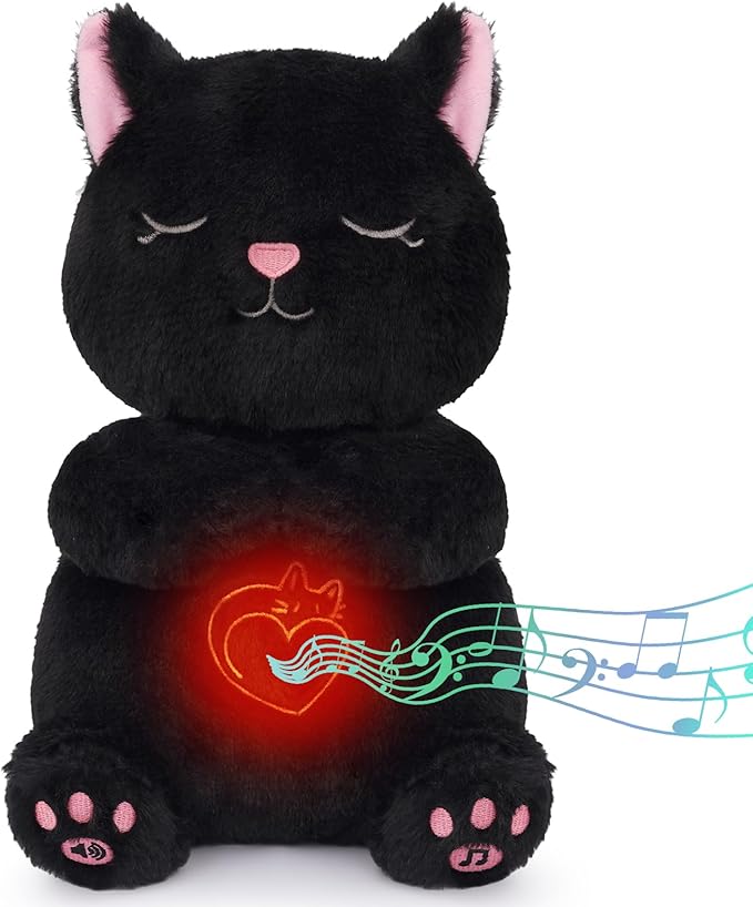 Breathing Stuffed Animal - Black Cat Plush Baby Toy, Soothing Sound Machine with Realistic Breathing Motion and Lights, Sleeping Plushies Gifts for Anxiety Adults and Kids