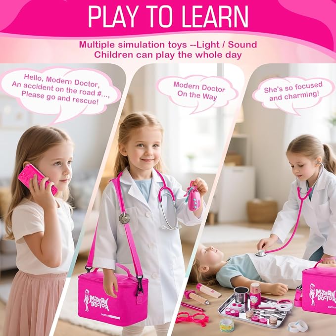 Sundaymot Doctor Kit for Girls, 34 Pcs Pretend Play Doctor Set，Doctor kit for Toddlers 3-5, with Medical Bag, Stethoscope and Other Accessories Doctor Play Gift for Kids Toddlers Role Play