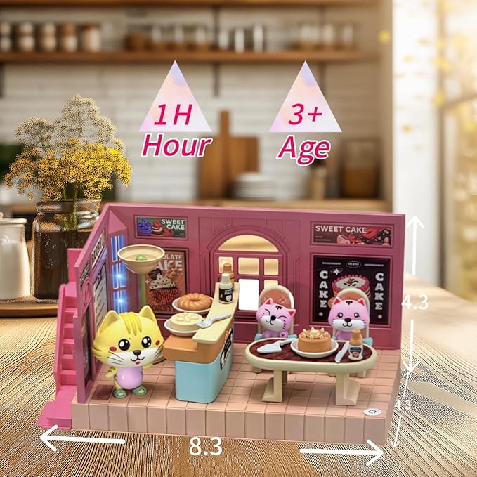 Koko's Cat Town DIY Miniature House Kit,Tiny House Cake Shop Building Kit,Dollhouse for 3 and up, Dollhouse Building Kit with Cats,Cat Toys Gift for Teens Kids Ages 3+