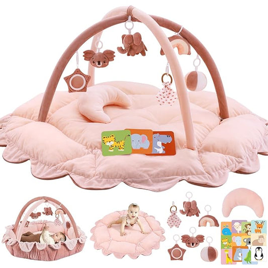 5-in-1 Plush Baby Play Gym, Tummy time mat, Play Mat, Baby Gym, Activity Mat with Convertible Gym and Pillow, 6 Sensory Toys, Play Center from Newborn to Toddler, Pink