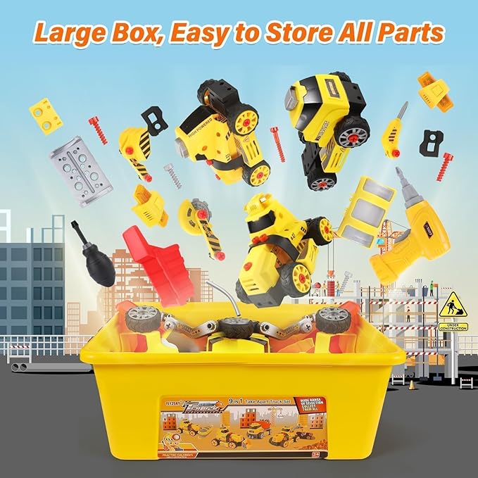 Take Apart Toys with Electric Drill Truck Construction Set DIY Engineering Building Toy Push Go STEM Toy (9 in 3 Take Apart Toys)