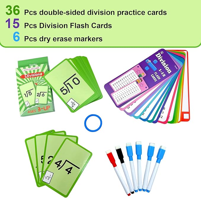 1-12 Math Flash Cards with 6 Dry Erase Pens, 15Pcs Big Division Flash Cards + 36 Pcs Random Double-Sided Division Practice Cards, Educational Math Flashcards for Kids Ages 6+