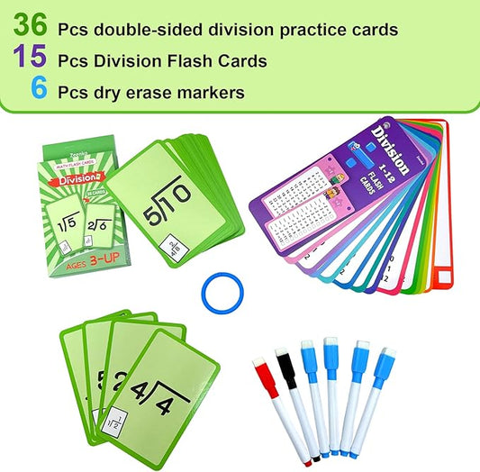 1-12 Math Flash Cards with 6 Dry Erase Pens, 15Pcs Big Division Flash Cards + 36 Pcs Random Double-Sided Division Practice Cards, Educational Math Flashcards for Kids Ages 6+