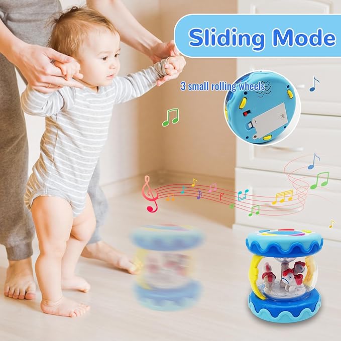 Baby Girl Toys Hand Drum Baby Rotating Musical Light Up Sensory Activity Crawling Toys 2 3+ Year Old Infant Girls Toy Gifts (Blue)