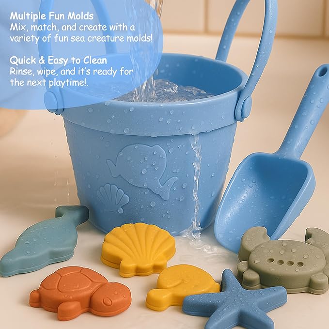 Baby Beach Toys for Toddlers 1-3, Collapsible Silicone Beach Bucket Shovel Set with 6 Sand Molds, Toddler Sand Toys for Kids, Boys, Girls, Travel (Blue)