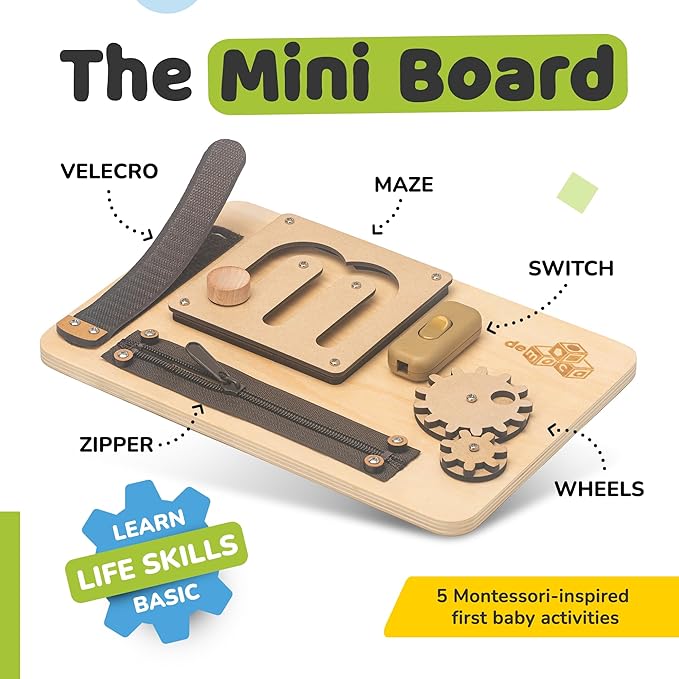 deMoca Sensory Busy Board for Toddlers, Premium Wooden Toddler Busy Board for 1 2 3 Year Old with 10 Educational Activities for Fine Motor Skills, Fidget Activity Toy for Travel Toy