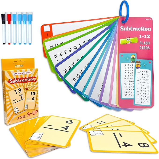 1-12 Math Flash Cards with 6 Dry Erase Pens, 15Pcs Big Subtraction Flash Cards + 36 Pcs Random Double-Sided Subtraction Practice Cards, Educational Math Flashcards for Kids Ages 3+