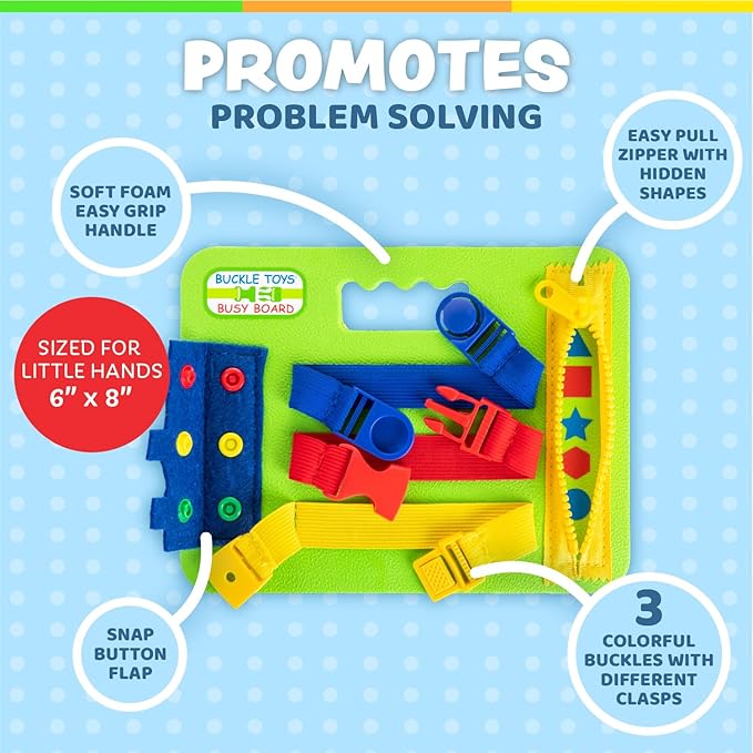 Buckle Toys Mini Busy Board for 1 Year Old Toddlers Travel Essentials for Kids, Montessori Toys for 1 Year Old Baby to Develop Fine Motor Skills, Great for Road Trip Activities for Kids Sensory Toy