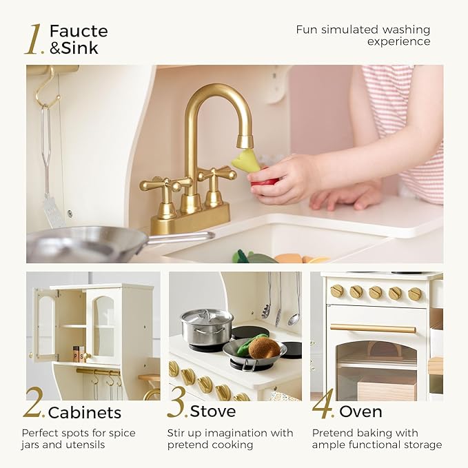 Tiny Land Play Kitchen for Kids with Enhanced Storage – Modern Toddler Kitchen Playset with Stove, Sink & Accessories, Organized Wooden Toy Kitchen, Ideal for Toddlers