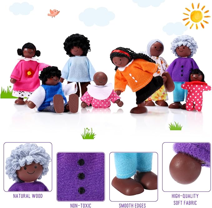 Sumind 35 Pcs Wooden Dollhouse Furniture Set with 8 Family Toys Family Set 27 Pcs Furniture Dollhouse Accessories for Boys Girls, Thanksgiving Christmas Birthday Gift(African-American Dolls)