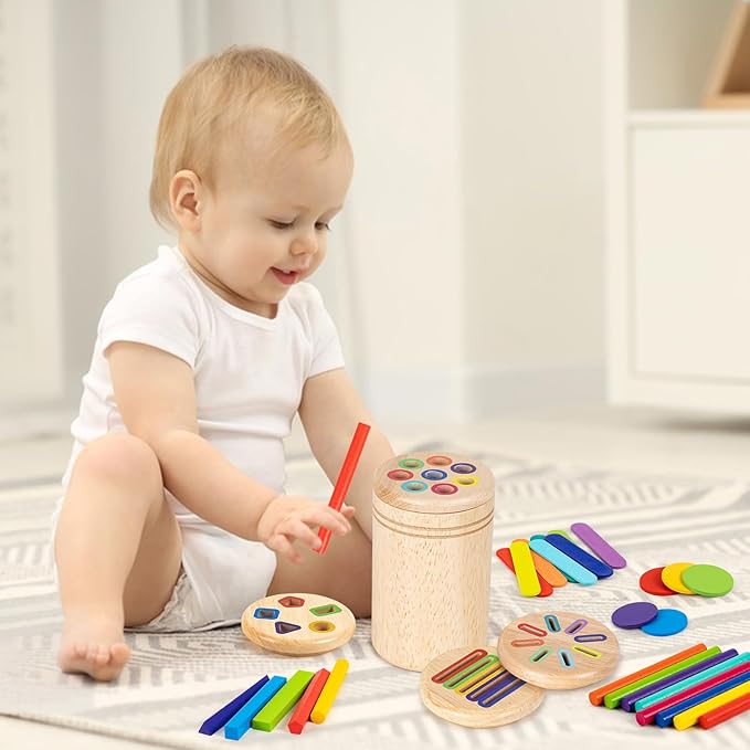 Montessori Toys for 3 4 5 Year Old, 4 in 1 Wooden Color Sorting Toys, Preschool Learning Activities Fine Motor Skills Sensory Toys for Toddlers