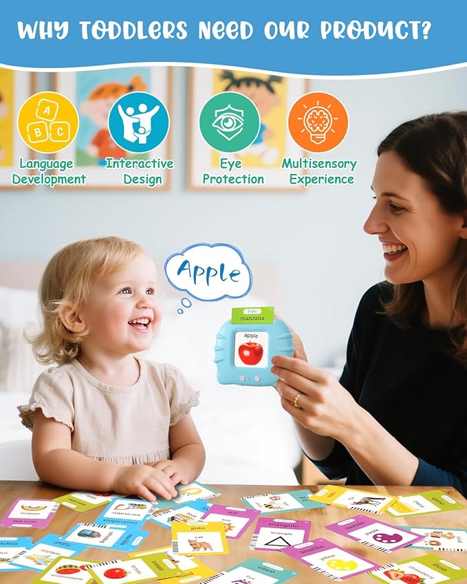 224 Words Spanish English Talking Flash Cards with Music for Toddler Age 1 2 3 4 5 6, Sensory Learning Eduactional Montessori Toys, Autism Pocket Speech Therapy Christmas Toys Gifts for Girls Boys