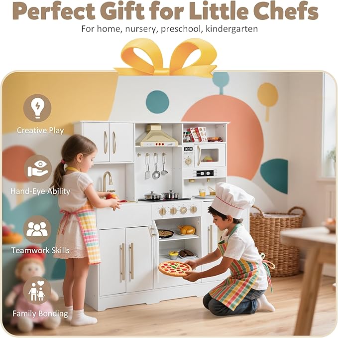 Kids Kitchen Playset, Wooden Play Kitchen with Toy Storage System, Pretend Play Kitchen Set Toy with Range Hood, Ice Maker & Coffee Maker, for Kids Ages 3+, White