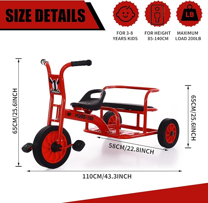 Kids Tricycle for Riders Ages 3-5 Preschool Playground Kids Tricycles, Daycare Toddler Tandem Trike，Children Tandem Bike, Outdoor Playground Equipment Trike