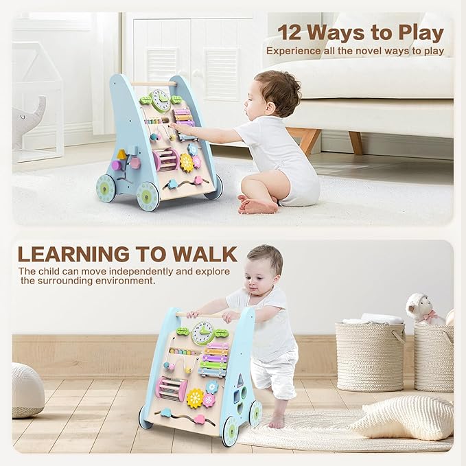 Wooden Baby Walker,Adjustable Speed Push Walker with Wheels and Learning Activity Center,Montessori Walker for Babies 12 Months,Baby Walker Push Toys for Baby Boys and Girls Gifts (Blue)