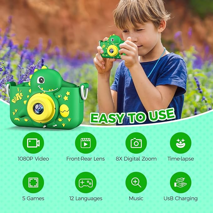 KANAD Kids Camera, Toys for Age 3-8 Year Old Boys, Stocking Stuffers for Kids, 1080P HD Selfie Digital Video Camera for Toddlers for Son - Green