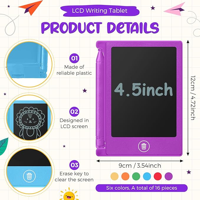 Nezyo 16 Pieces 4.5 Inch Mini LCD Writing Tablet for Kids Electronic Doodle Board Colorful Drawing Tablet Bulk Erasable Writing Pad Reusable Learning Gift for Girls Boys Party Favor (6 Colors)