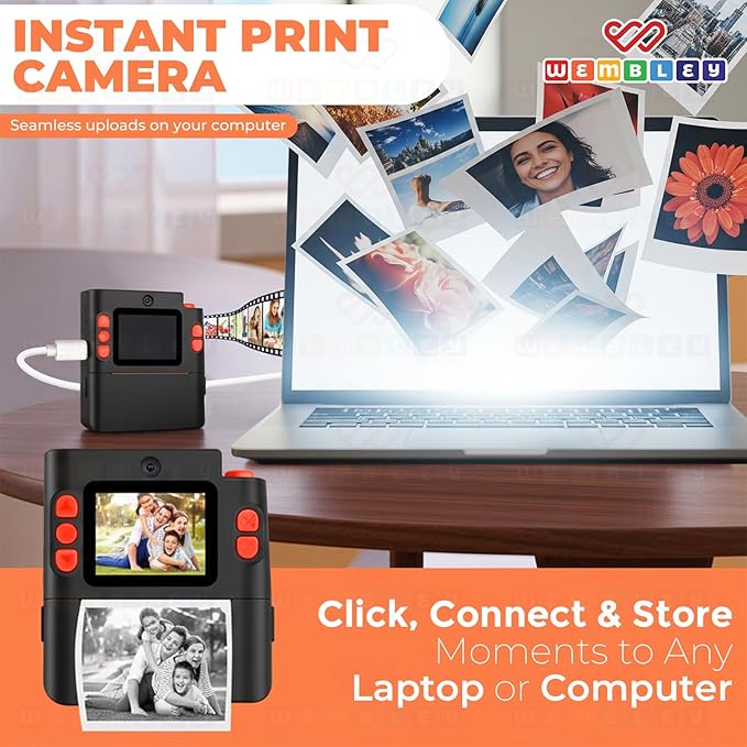 Wembley Kids Instant Print Camera with Dual Lens, 48MP, 1080P HD, 2.4" IPS Screen, 16X Zoom, 32GB SD Card, Thermal Printing, 6 Pens, 4 Rolls, USB Type-C, for Girls & Boys- Black