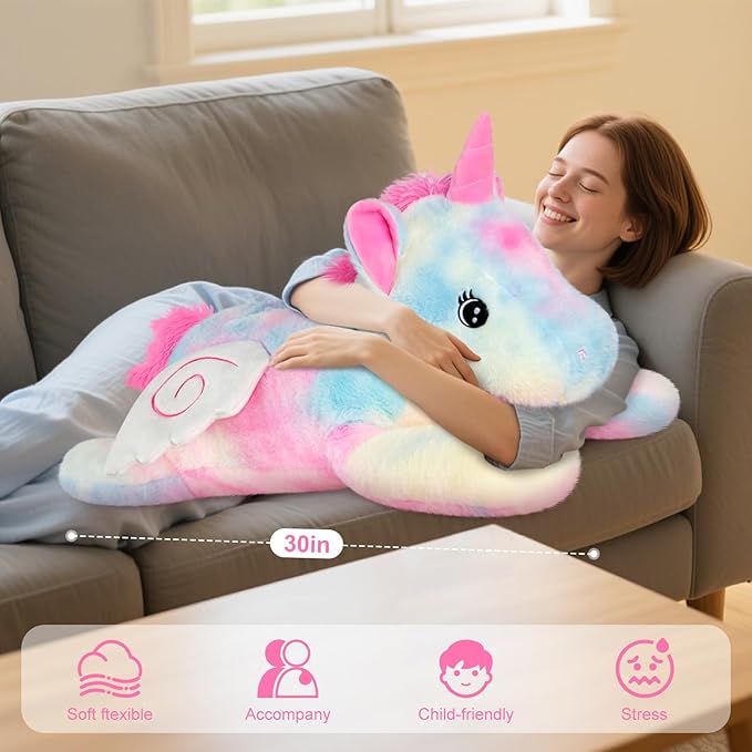 Giant Rainbow Unicorn Stuffed Animal 30", Jumbo Soft Big Stuffed Animals, Giant Plush Toys Hugging Pillow for Stress Relief & Sleep Aid, Huge Cuddly Cute Plushies Unicorn Gifts for Kid Adult