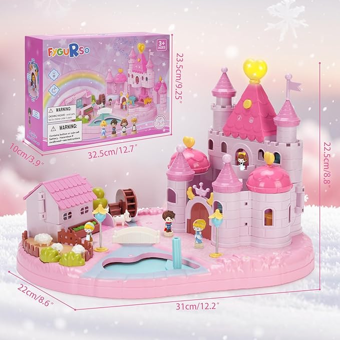 Dream Princess Play Set ,12.2*8.6*8.8 inches with 4 Magnetic Control Movable Toys, Magnetic Doll House Building Toys with Light Music, Toy Gift for Girls Kids Ages 6+（Pink）