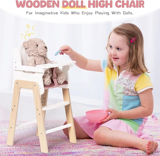 ROBOTIME Wooden Baby Doll High Chair, Pink Wooden Baby Doll Chair for 18 Inch Dolls, Pretend Play High Chair Baby Doll Accessories, Small