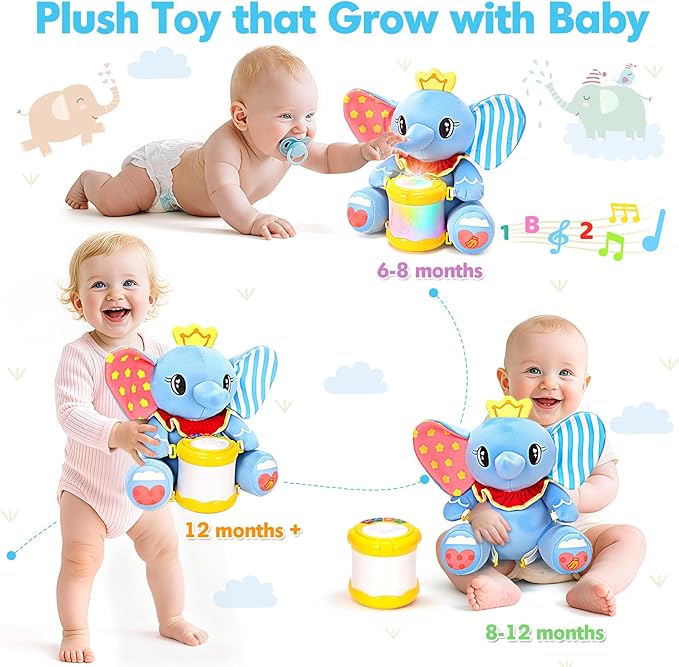 V-Opitos Stuffed Elephant Musical Toys for Baby 6-12 Months+, Early Learning Light up Music Drum, Perfect Christmas Birthday Gifts for Boy & Girl Age 1, 2 Years Old