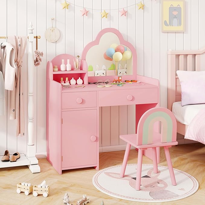 HONEY JOY Kids Vanity, Cloud Shape Wooden Girls Vanity Set with Mirror and Stool, Drawers, Storage Cabinet, Toddler Makeup Desk Dressing Table, Pretend Play Kids Vanity Table and Chair Set (Pink)
