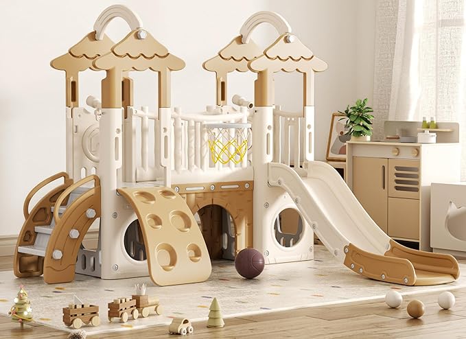 XJD 9 in 1 Toddler Slide, Jungle Slide with Basketball Hoop, Tunnel and Storage Space, Outdoor Indoor for Toddlers Age 1+,Tree House Design Toddlers Outdoor Indoor Playground (Brown)