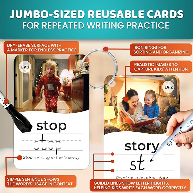 QUOKKA 520 Sight Words Flash Cards for Kids Adults – from Pre-K to 3rd Grade – 5 Levels & Bold Font & Jumbo Size & Dry Erase Cards with Realistic Images & Rings – Based on Dolch & Fry Word Lists